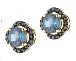 Kolczyki z żółtego złota z czarnymi brylantami i topazami London Blue - próba 585