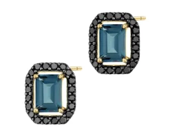 Kolczyki z żółtego złota z czarnymi brylantami i topazami London Blue - próba 585