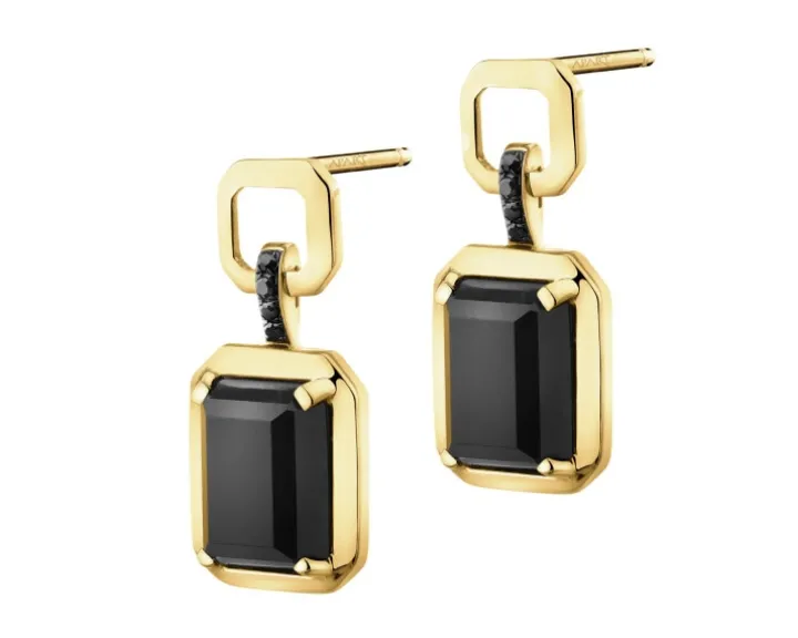 Kolczyki z żółtego złota z czarnymi diamentami i agatami - próba 585