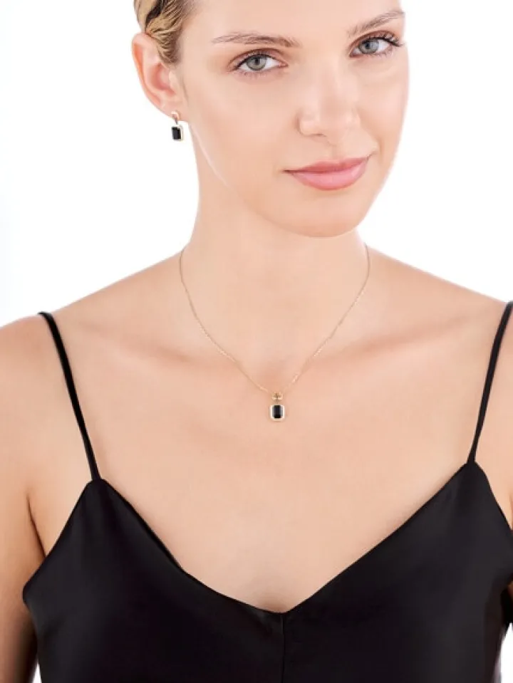 Kolczyki z żółtego złota z czarnymi diamentami i agatami - próba 585