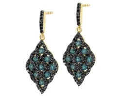 Kolczyki z żółtego złota z czarnymi brylantami i topazami London Blue - próba 585