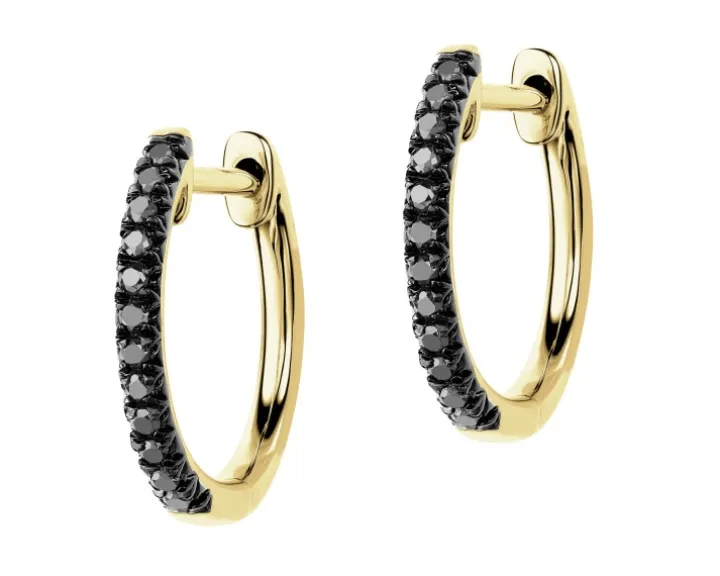 Kolczyki z żółtego złota z czarnymi brylantami - koła - 0,10 ct - próba 375