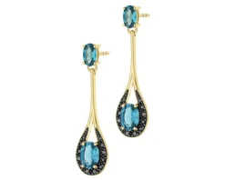 Kolczyki z żółtego złota z diamentami czarnymi i topazami London Blue - próba 585