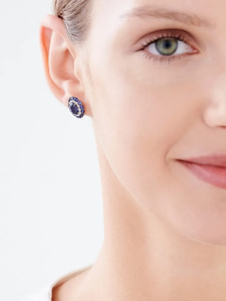 Kolczyki z żółtego złota z diamentami i szafirami syntetycznymi - próba 585