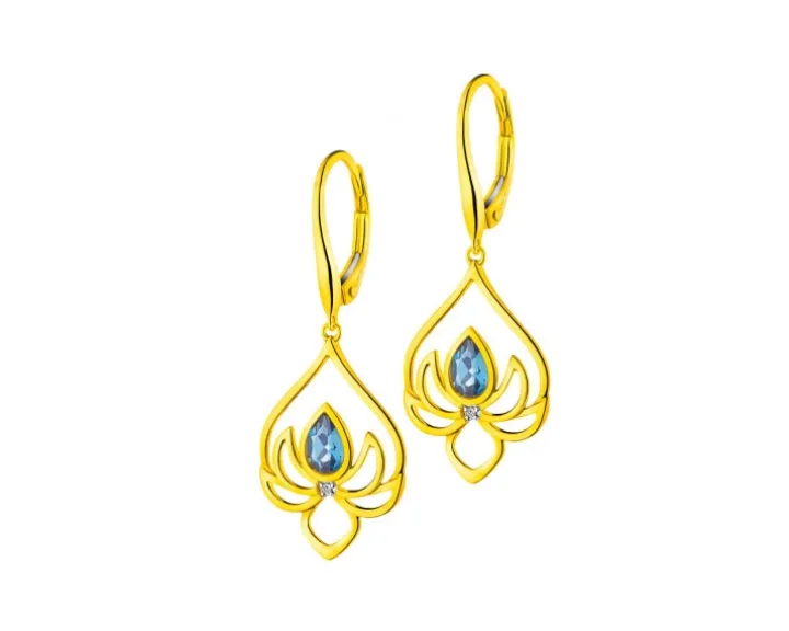 Kolczyki z żółtego złota z diamentami i topazami London Blue - kwiaty lotosu - próba 585
