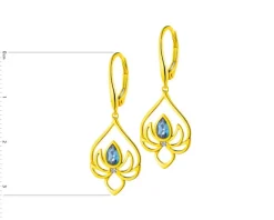 Kolczyki z żółtego złota z diamentami i topazami London Blue - kwiaty lotosu - próba 585