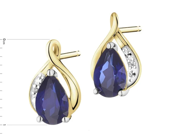 Kolczyki z żółtego złota z diamentami i szafirami syntetycznymi - próba 375