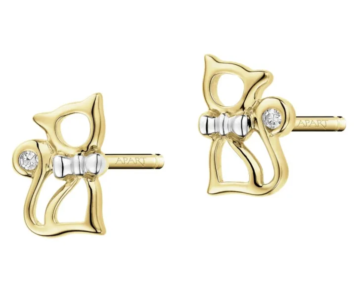 Kolczyki z żółtego złota z diamentami - koty - 0,008 ct - próba 375