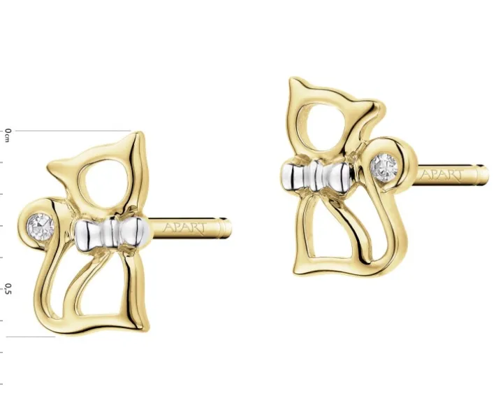 Kolczyki z żółtego złota z diamentami - koty - 0,008 ct - próba 375