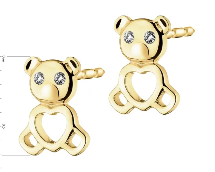 Kolczyki z żółtego złota z diamentami - miś, serce - 0,01 ct - próba 375