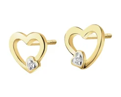Kolczyki z żółtego złota z diamentami - serca - 0,008 ct - próba 375