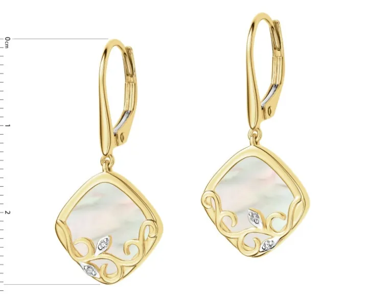 Kolczyki z żółtego złota z diamentami i masą perłową - próba 585