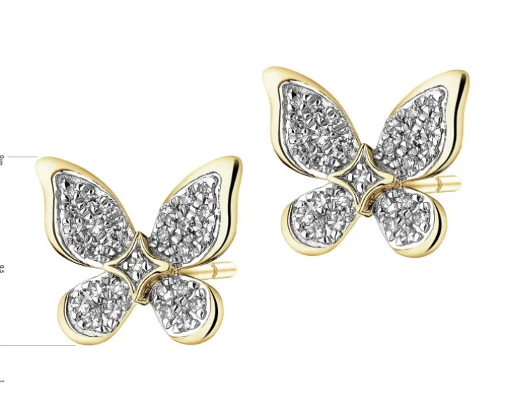 Kolczyki z żółtego złota z diamentami - motyle - 0,13 ct - próba 585