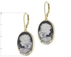 Kolczyki z żółtego złota z diamentami i agatami - kamea - próba 585