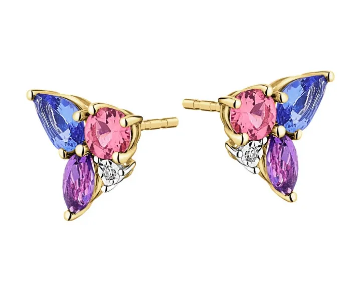 Kolczyki z żółtego złota z diamentami, kamieniami szlachetnymi i ozdobnymi - próba 375