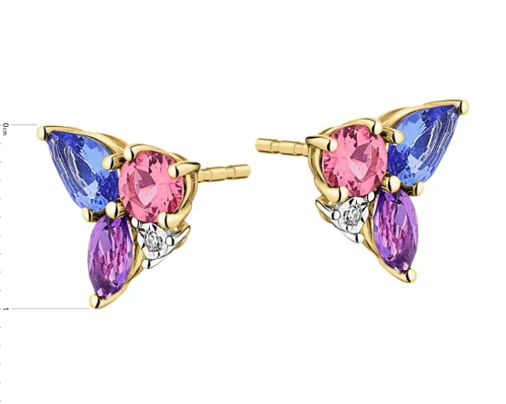 Kolczyki z żółtego złota z diamentami, kamieniami szlachetnymi i ozdobnymi - próba 375