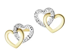 Kolczyki z żółtego złota z diamentami - serca - 0,006 ct - próba 375