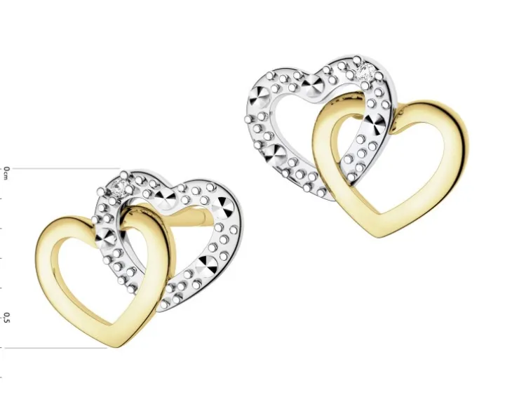 Kolczyki z żółtego złota z diamentami - serca - 0,006 ct - próba 375