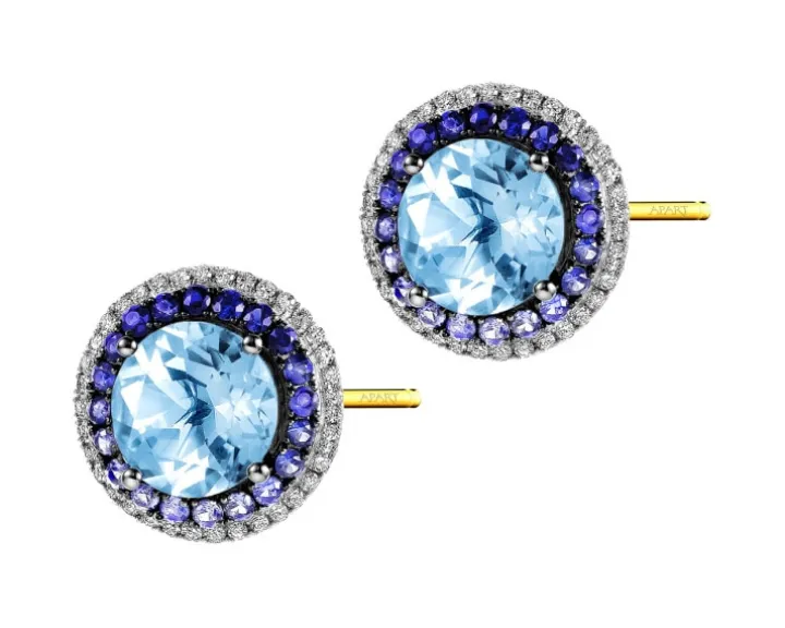 Kolczyki z żółtego złota z diamentami, szafirami i topazami Sky Blue - próba 585