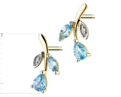 Kolczyki z żółtego złota z diamentami i topazami - liście - próba 375
