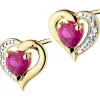 Kolczyki z żółtego złota z diamentami i rubinami syntetycznymi - serca - próba 375