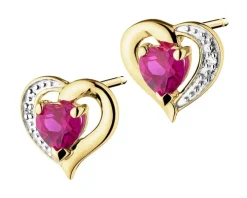 Kolczyki z żółtego złota z diamentami i rubinami syntetycznymi - serca - próba 375