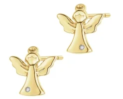 Kolczyki z żółtego złota z diamentami - aniołki - 0,004 ct - próba 375