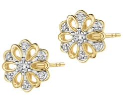 Kolczyki z żółtego złota z diamentami - kwiaty - 0,10 ct - próba 585
