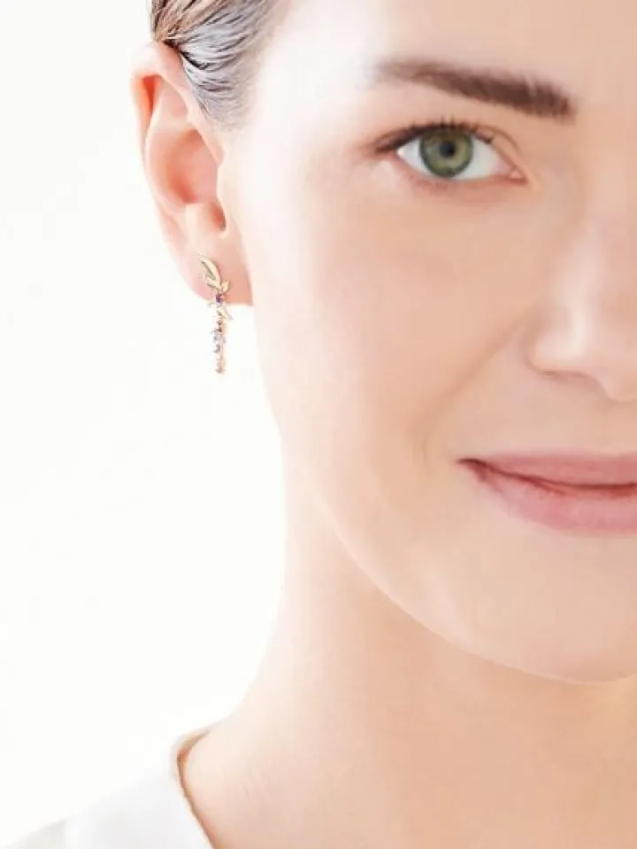 Kolczyki z żółtego złota z diamentami, kamieniami szlachetnymi i ozdobnymi - liście - próba 375