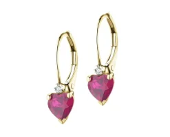 Kolczyki z żółtego złota z diamentami i rubinami syntetycznymi - serce - próba 375