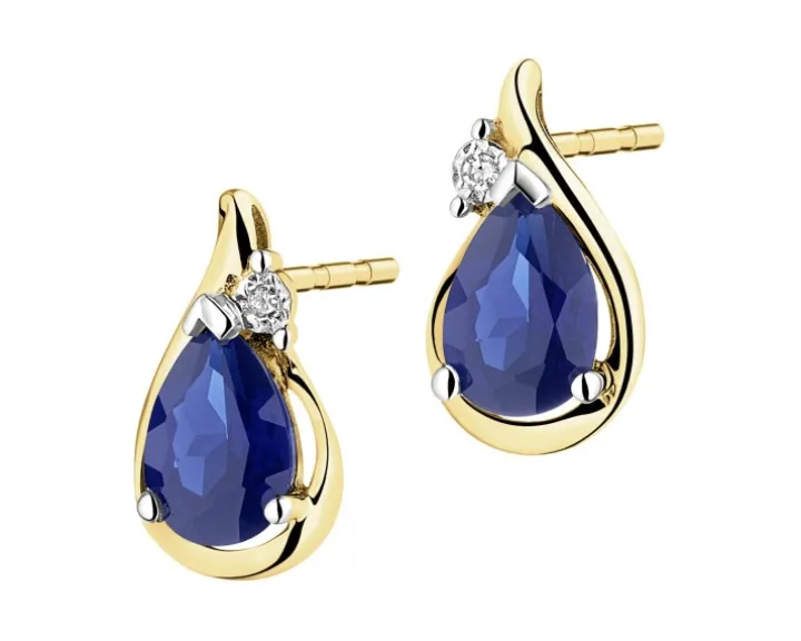 Kolczyki z żółtego złota z diamentami i szafirami syntetycznymi - próba 375