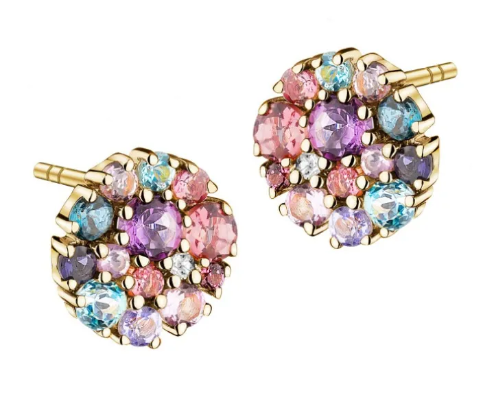 Kolczyki z żółtego złota z diamentami, kamieniami szlachetnymi i ozdobnymi - próba 585