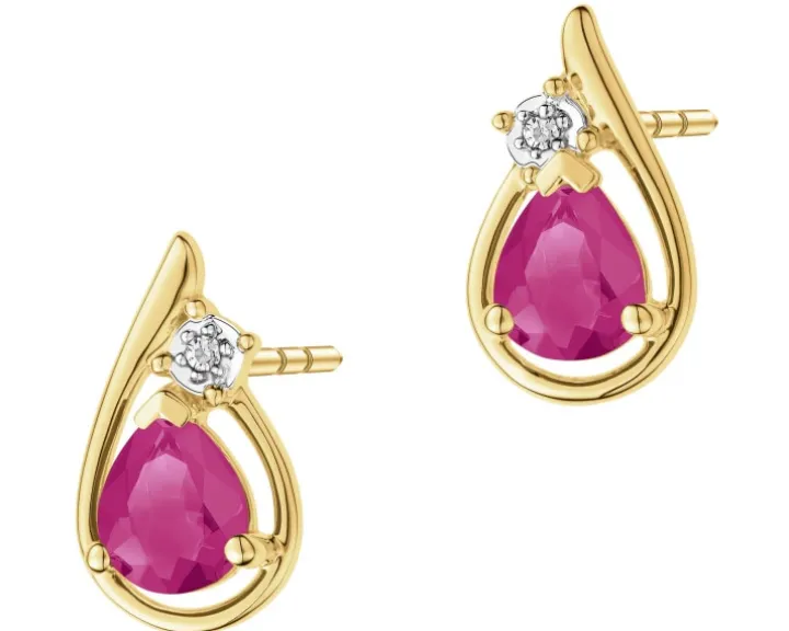 Kolczyki z żółtego złota z diamentami i rubinami - próba 375