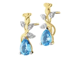 Kolczyki z żółtego złota z diamentami i topazem - róże, liście - próba 375