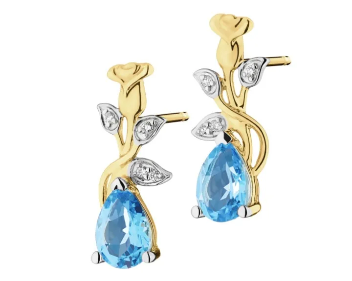 Kolczyki z żółtego złota z diamentami i topazem - róże, liście - próba 375