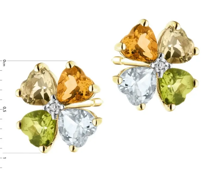 Kolczyki z żółtego złota z diamentami i kamieniami ozdobnymi - koniczyny - próba 585