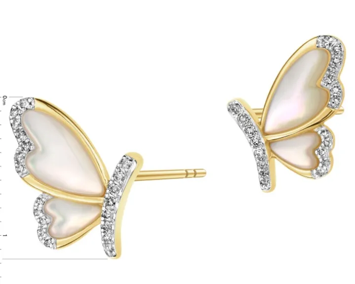 Kolczyki z żółtego złota z diamentami i masą perłową - motyle - próba 585