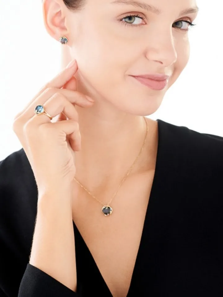 Kolczyki z żółtego złota z diamentami i topazem London Blue - próba 585