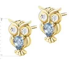 Kolczyki z żółtego złota z diamentami i topazami London Blue - sowy - próba 375