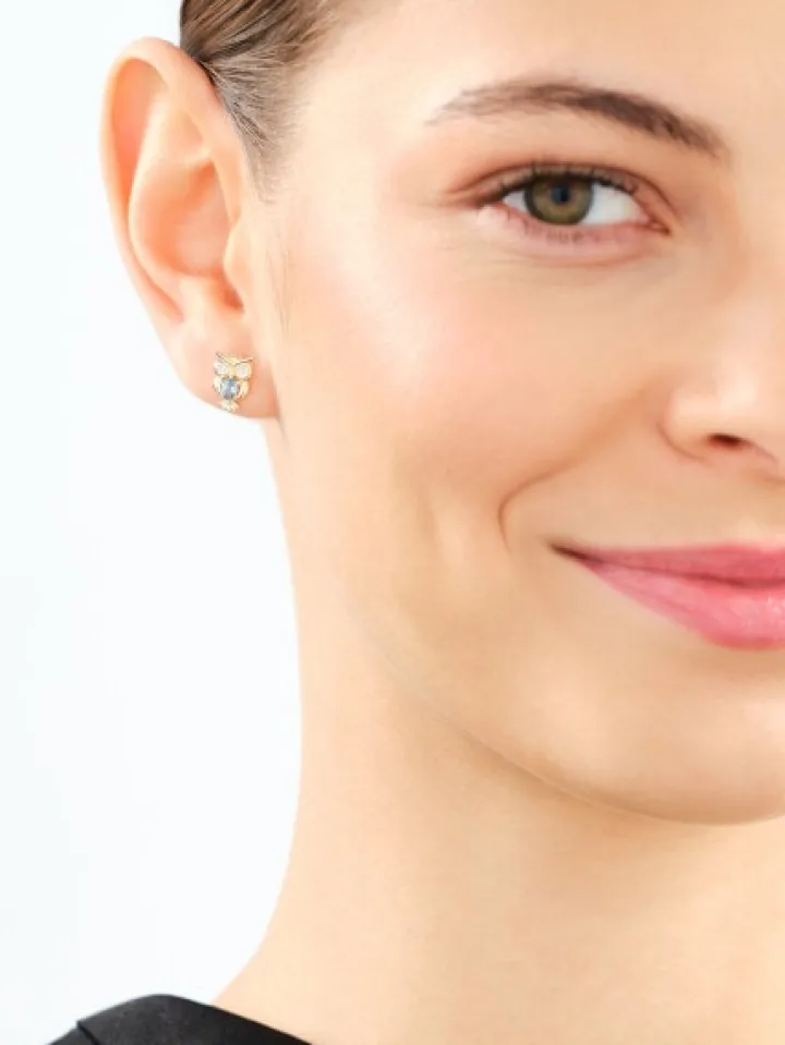 Kolczyki z żółtego złota z diamentami i topazami London Blue - sowy - próba 375