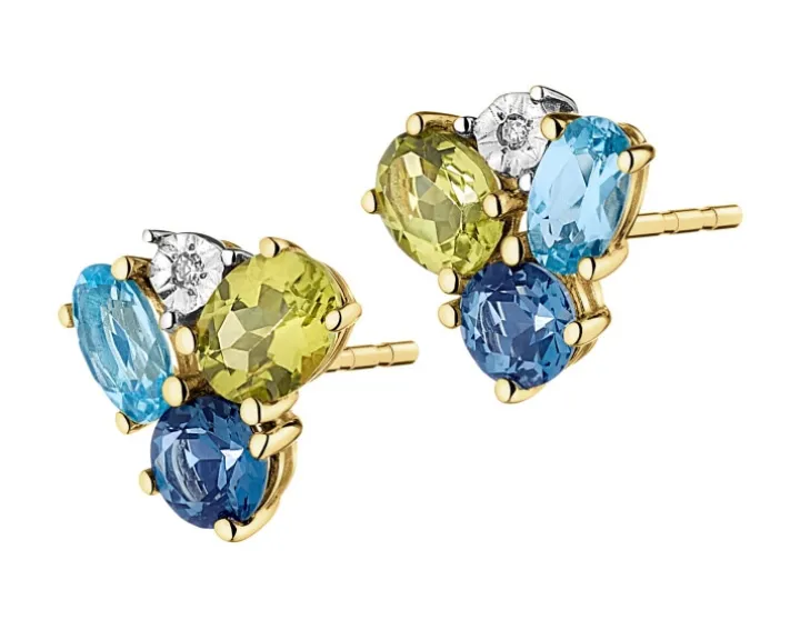 Kolczyki z żółtego złota z diamentami, peridotami i topazami - próba 375