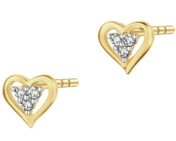 Kolczyki z żółtego złota z diamentami - serca - 0,03 ct - próba 585