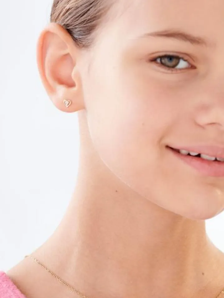 Kolczyki z żółtego złota z diamentami - serca - 0,03 ct - próba 585