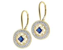 Kolczyki z żółtego złota z diamentami i szafirami - rozety - próba 585