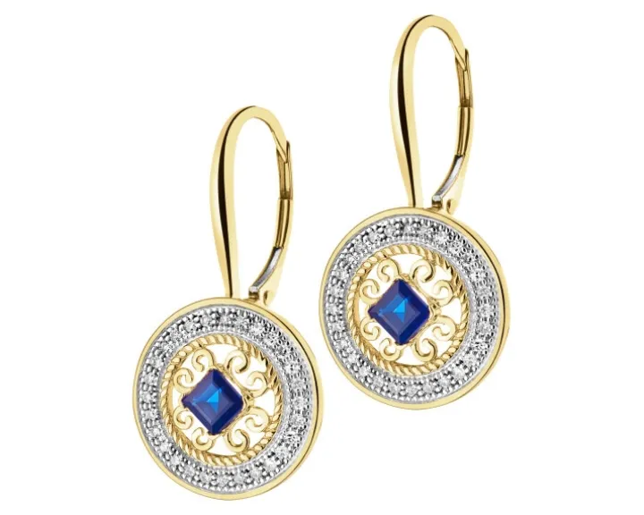 Kolczyki z żółtego złota z diamentami i szafirami - rozety - próba 585