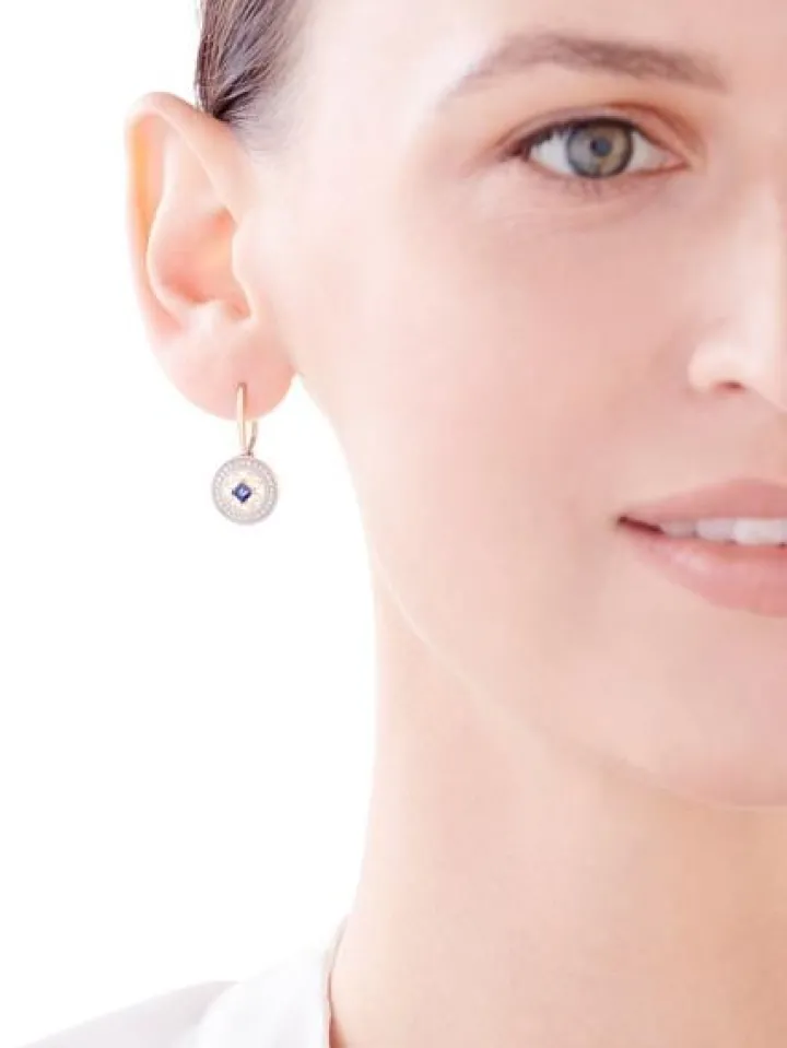 Kolczyki z żółtego złota z diamentami i szafirami - rozety - próba 585