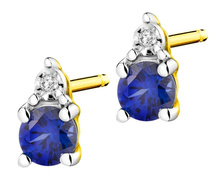 Kolczyki z żółtego złota z diamentami i szafirami syntetycznymi - próba 375