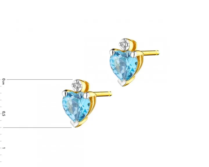 Kolczyki z żółtego złota z diamentami i topazami - serca - próba 375