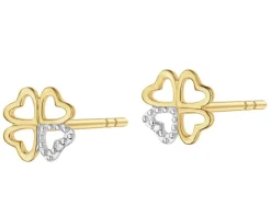 Kolczyki z żółtego złota z diamentami - koniczyny, serca - 0,004 ct - próba 375
