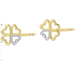 Kolczyki z żółtego złota z diamentami - koniczyny, serca - 0,004 ct - próba 375